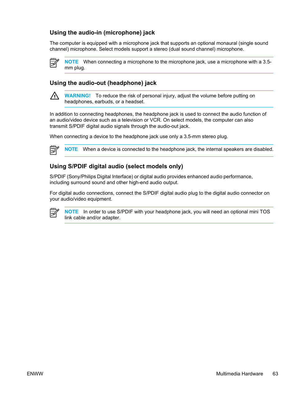 Using the audio-in (microphone) jack, Using the audio-out (headphone) jack, Using s/pdif digital audio (select models only) | HP Compaq Presario V5000 CTO Notebook PC User Manual | Page 73 / 186