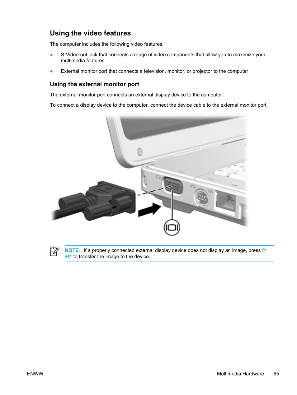 Using the video features, Using the external monitor port | HP Compaq Presario V5000 CTO Notebook PC User Manual | Page 75 / 186