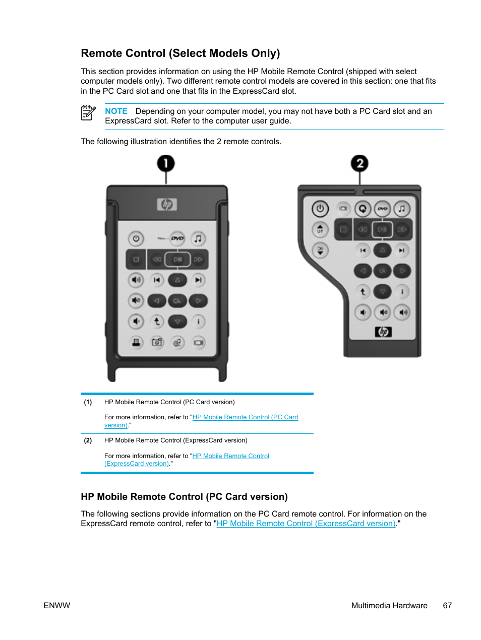 Remote control (select models only), Hp mobile remote control (pc card version) | HP Compaq Presario V5000 CTO Notebook PC User Manual | Page 77 / 186