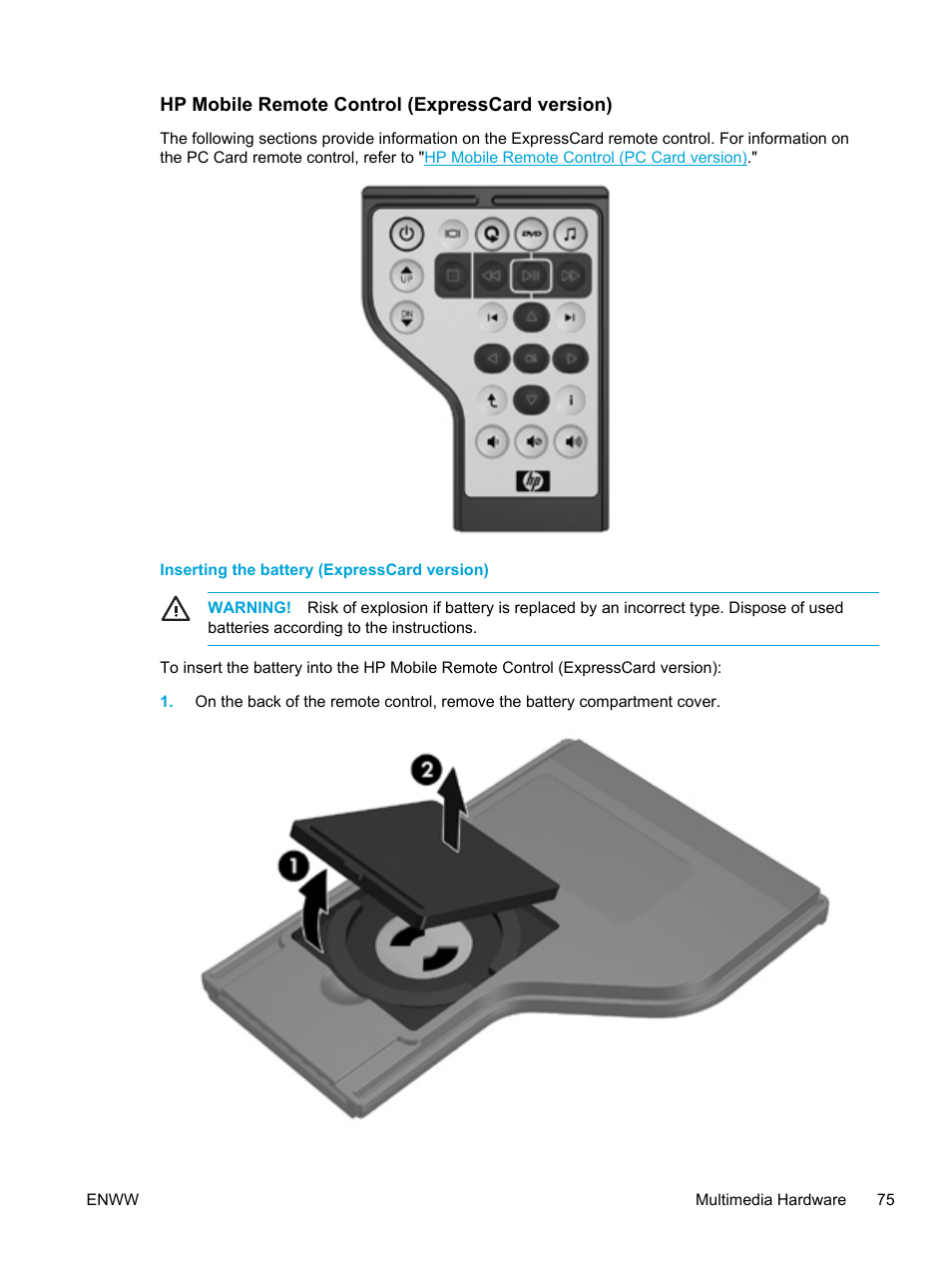 Hp mobile remote control (expresscard version), Inserting the battery (expresscard version), Hp mobile remote control | Expresscard version) | HP Compaq Presario V5000 CTO Notebook PC User Manual | Page 85 / 186