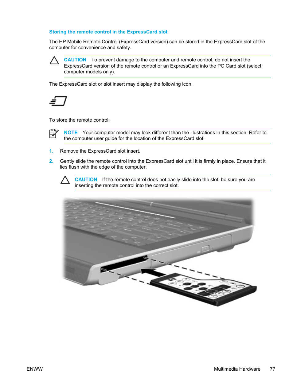 Storing the remote control in the expresscard slot | HP Compaq Presario V5000 CTO Notebook PC User Manual | Page 87 / 186
