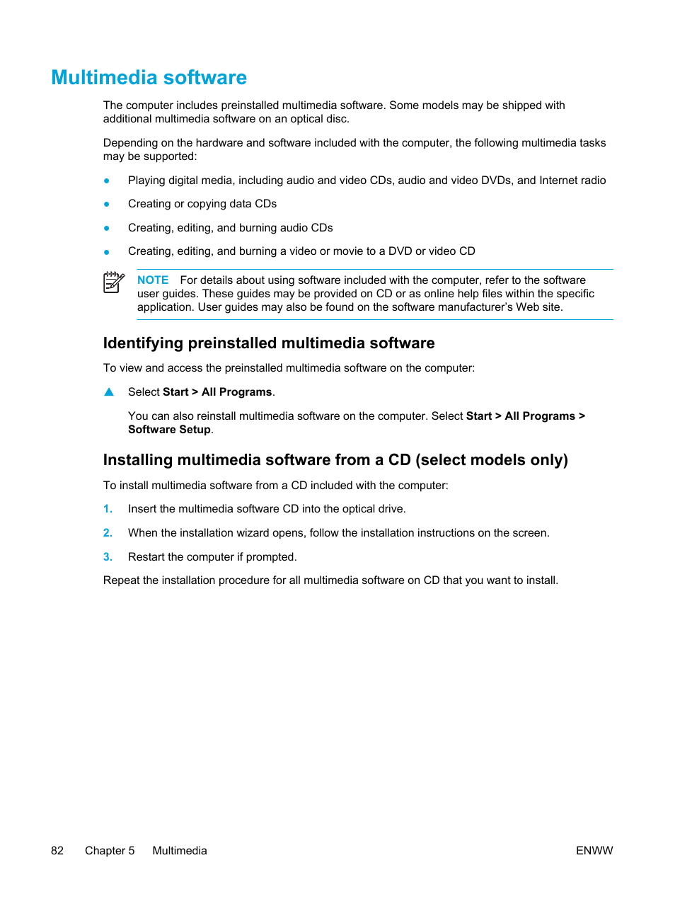 Multimedia software, Identifying preinstalled multimedia software | HP Compaq Presario V5000 CTO Notebook PC User Manual | Page 92 / 186