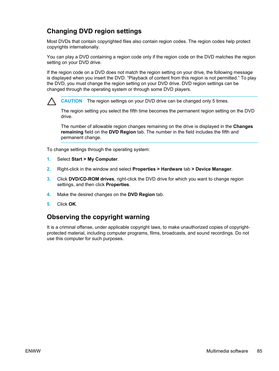 Changing dvd region settings, Observing the copyright warning | HP Compaq Presario V5000 CTO Notebook PC User Manual | Page 95 / 186