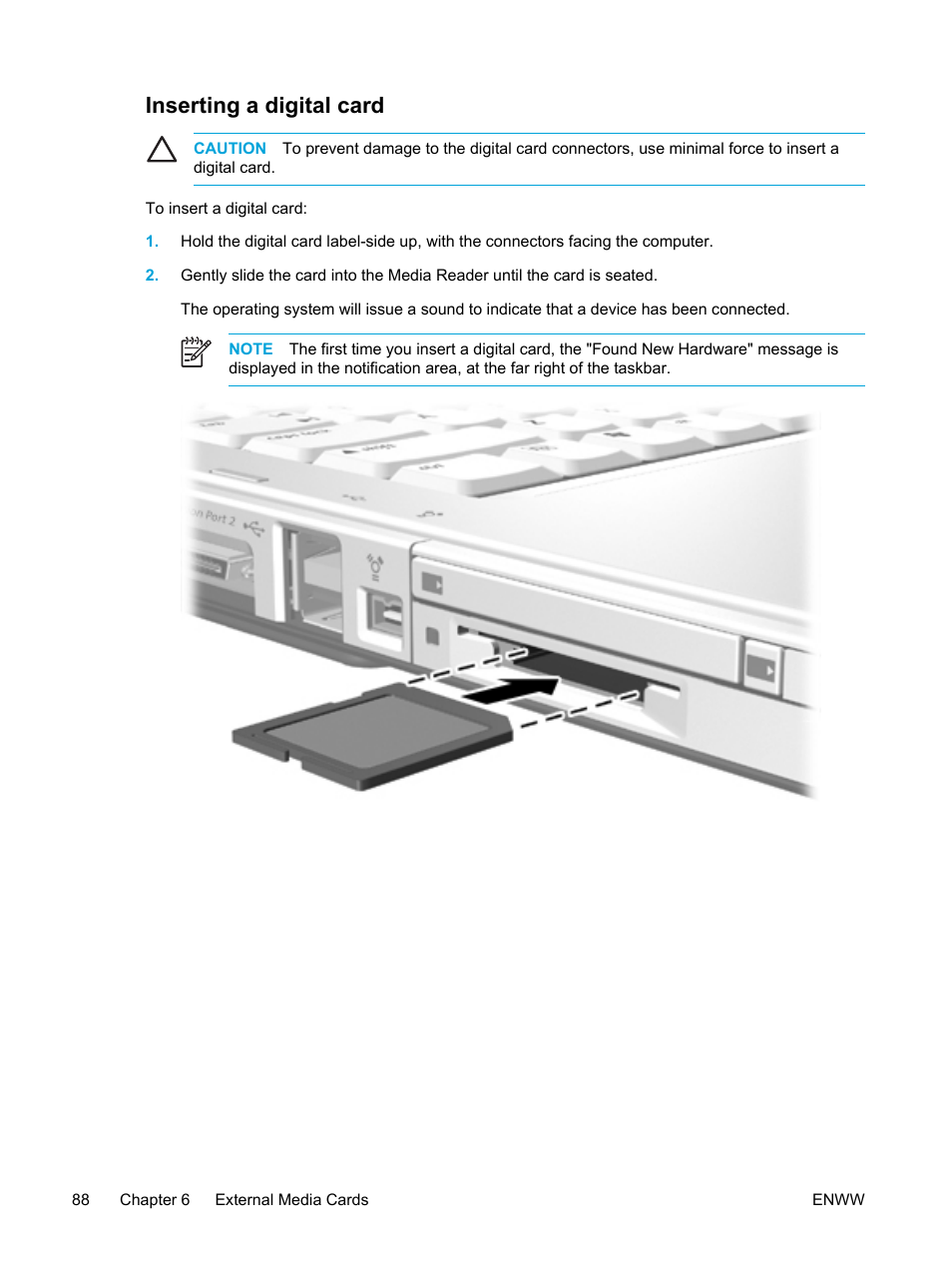 Inserting a digital card | HP Compaq Presario V5000 CTO Notebook PC User Manual | Page 98 / 186