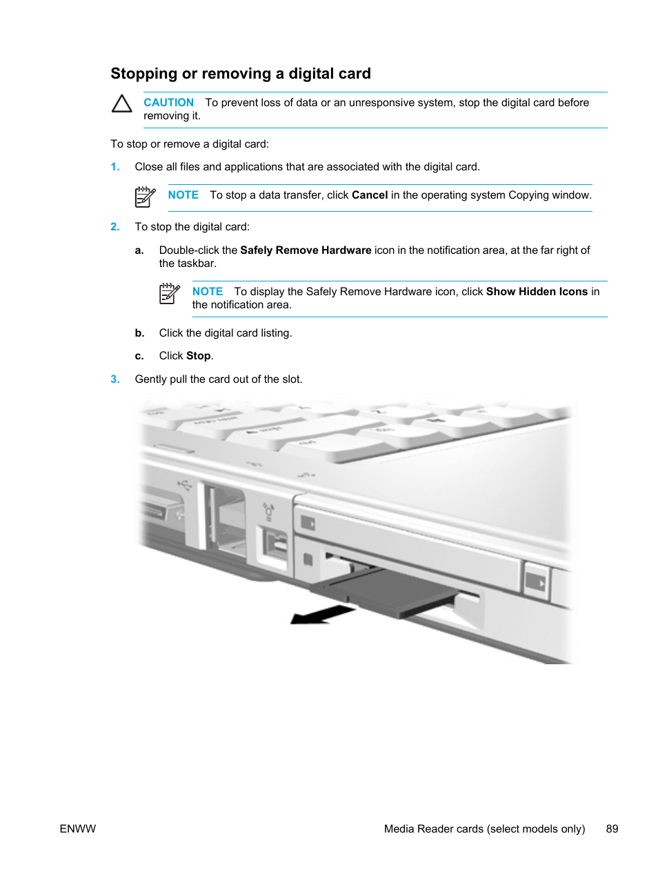 Stopping or removing a digital card | HP Compaq Presario V5000 CTO Notebook PC User Manual | Page 99 / 186