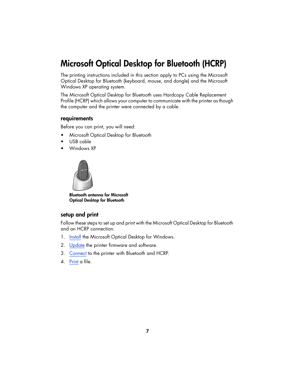 Microsoft optical desktop for bluetooth (hcrp), Requirements, Setup and print | HP Deskjet 995c Printer User Manual | Page 10 / 82