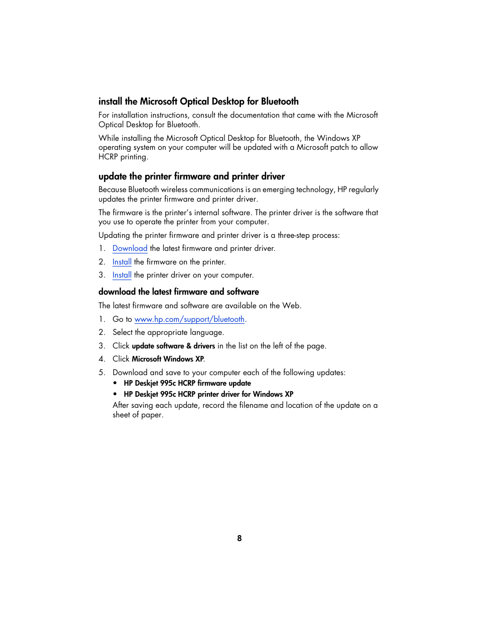 Update the printer firmware and printer driver, Install, Update | HP Deskjet 995c Printer User Manual | Page 11 / 82