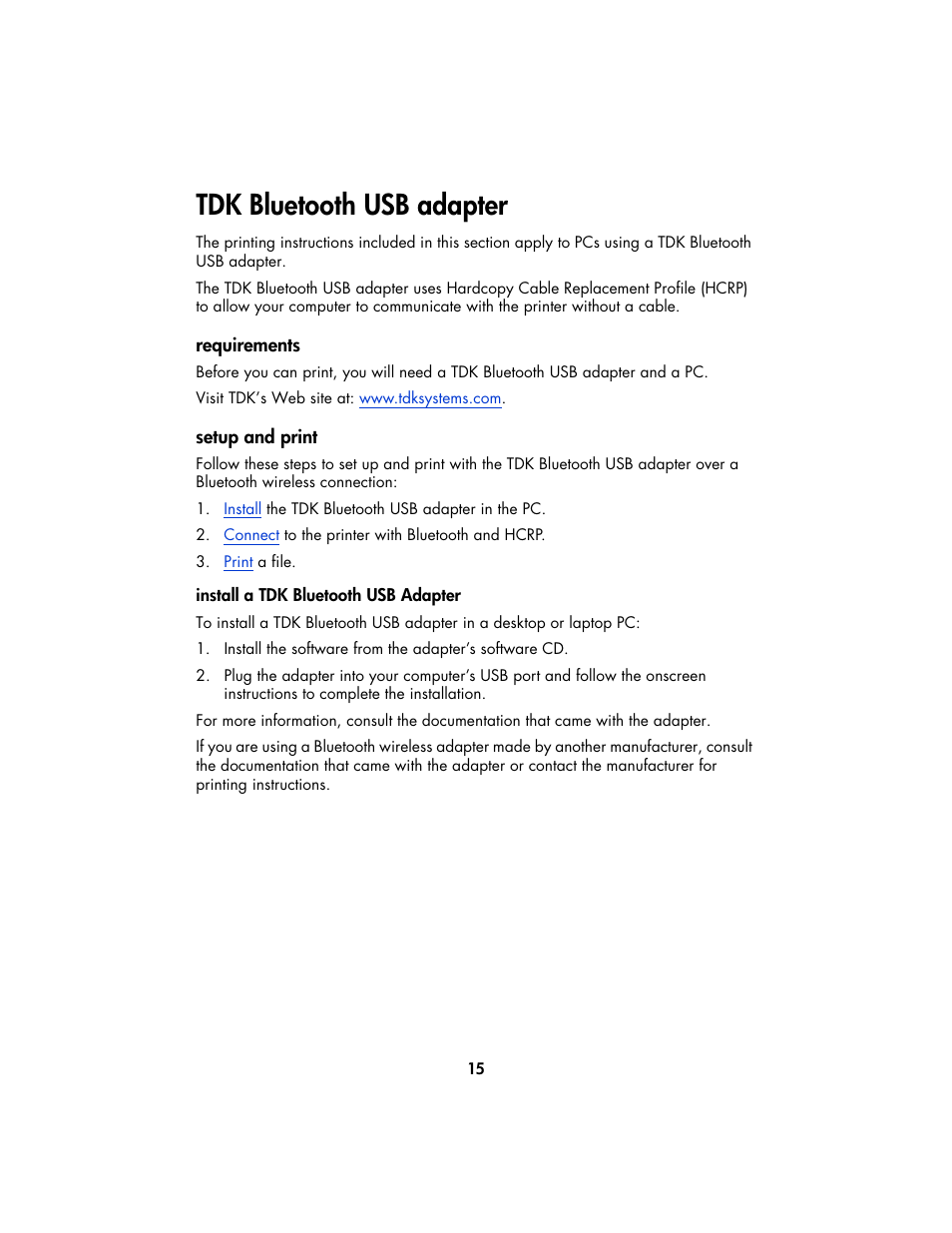 Tdk bluetooth usb adapter, Requirements, Setup and print | HP Deskjet 995c Printer User Manual | Page 18 / 82