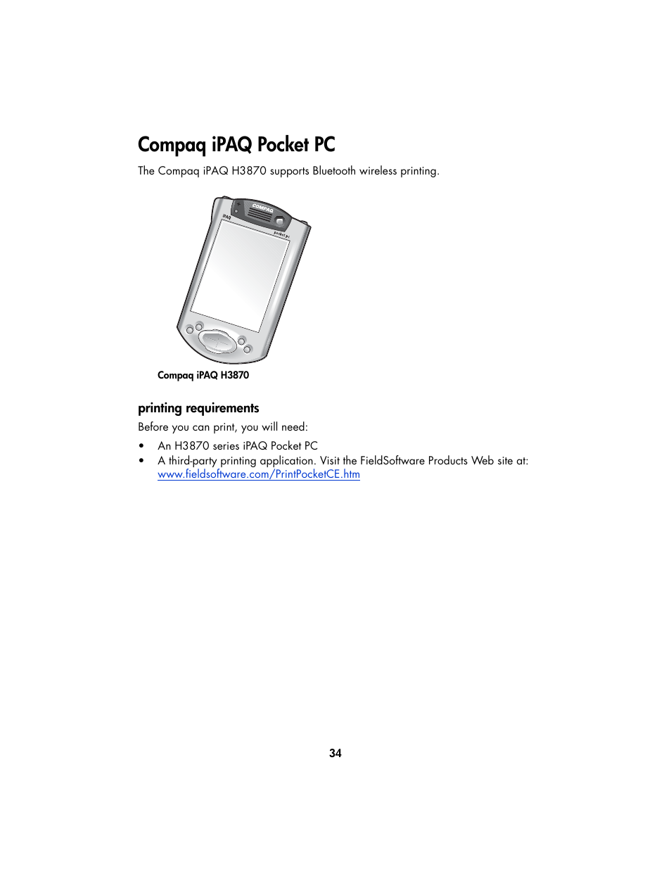 Compaq ipaq pocket pc, Printing requirements | HP Deskjet 995c Printer User Manual | Page 37 / 82