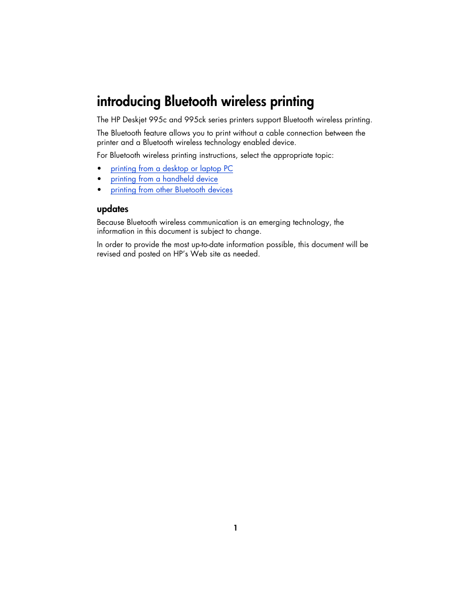 Introducing bluetooth wireless printing, Updates | HP Deskjet 995c Printer User Manual | Page 4 / 82