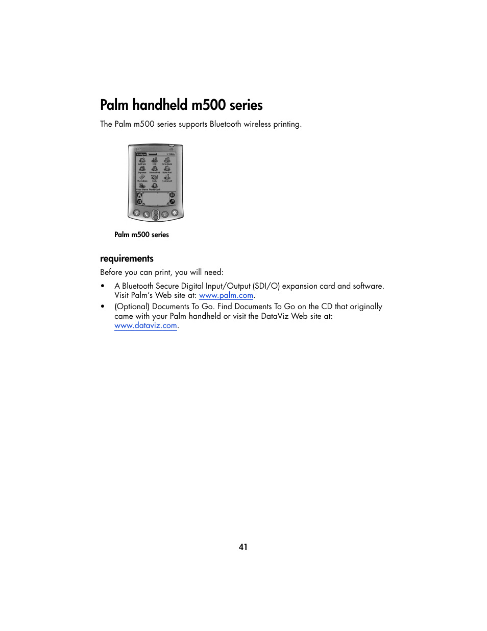 Palm handheld m500 series, Requirements | HP Deskjet 995c Printer User Manual | Page 44 / 82