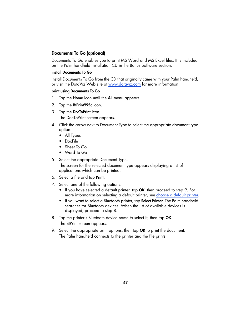 Excel documents using, Documents to go | HP Deskjet 995c Printer User Manual | Page 50 / 82