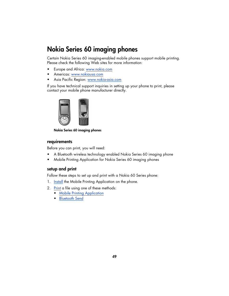 Nokia series 60 imaging phones, Requirements, Setup and print | HP Deskjet 995c Printer User Manual | Page 52 / 82