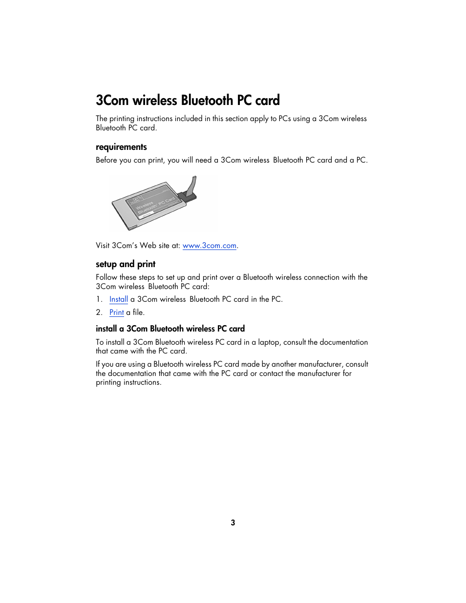 3com wireless bluetooth pc card, Requirements, Setup and print | HP Deskjet 995c Printer User Manual | Page 6 / 82