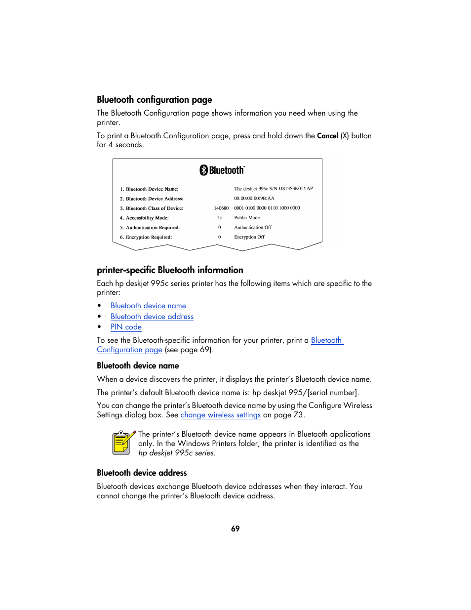 Printer-specific bluetooth information, Bluetooth device name, See pa | Ces within range. it displays the, Bluetooth device names, Can identify the printer by its, Device name | HP Deskjet 995c Printer User Manual | Page 72 / 82