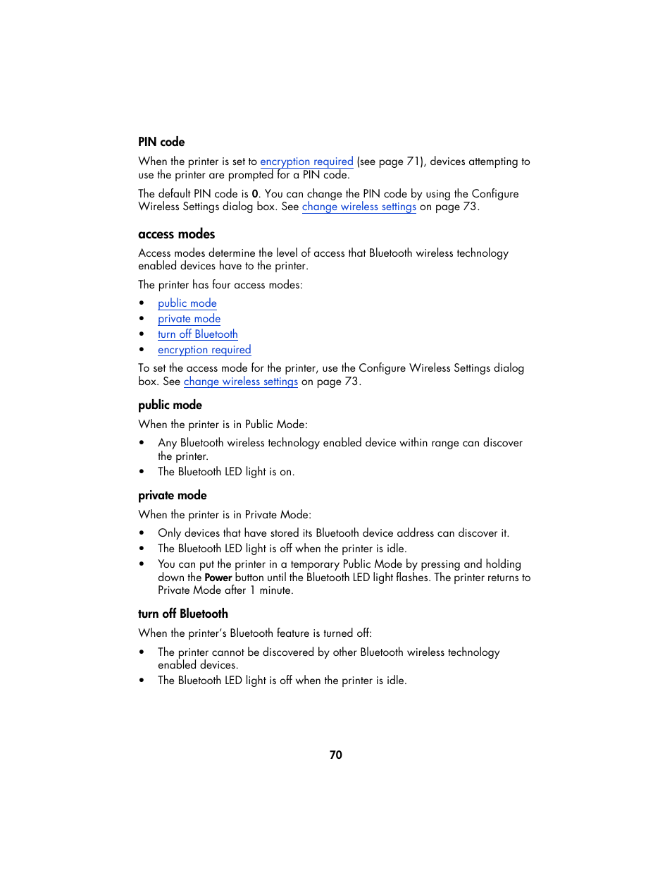 Access modes, Pin code | HP Deskjet 995c Printer User Manual | Page 73 / 82