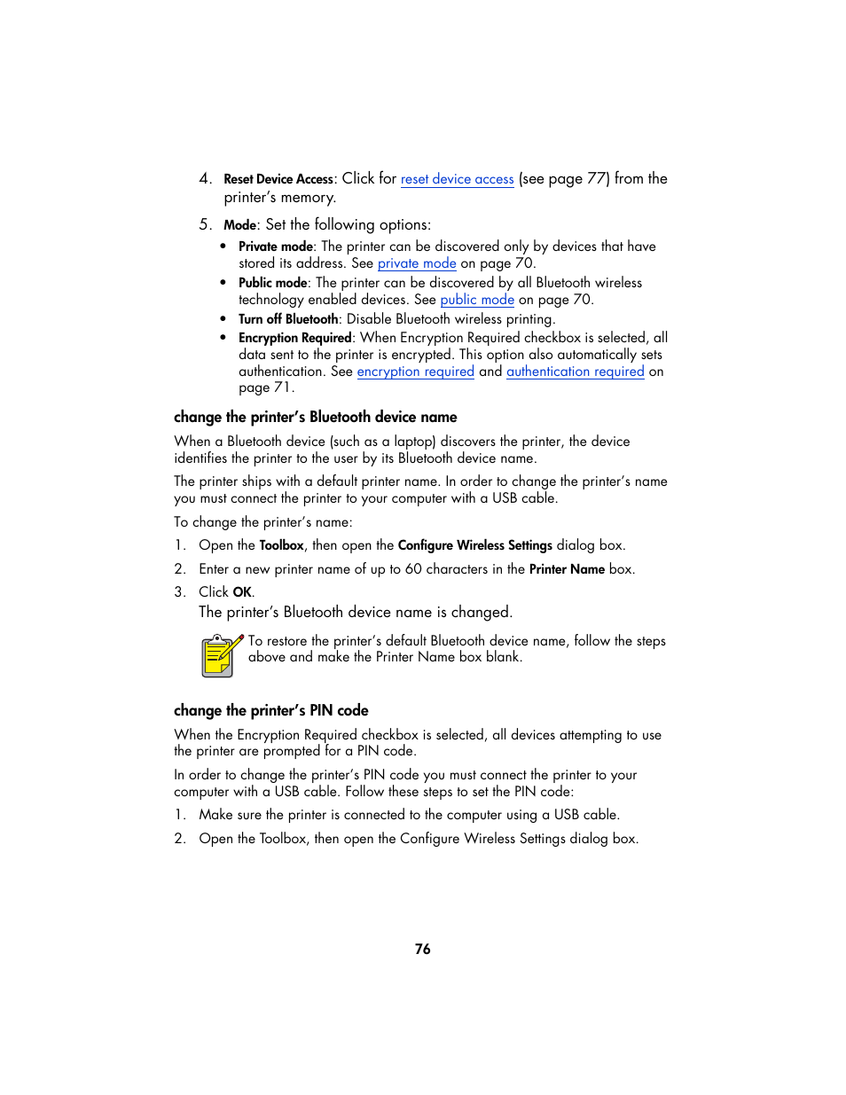 Change the printer’s bluetooth device name, Change the printer’s pin code | HP Deskjet 995c Printer User Manual | Page 79 / 82