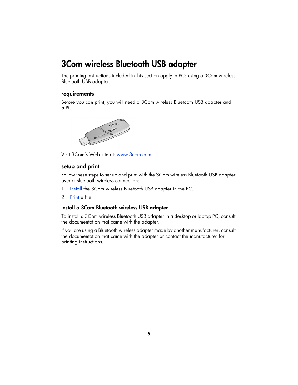 3com wireless bluetooth usb adapter, Requirements, Setup and print | HP Deskjet 995c Printer User Manual | Page 8 / 82