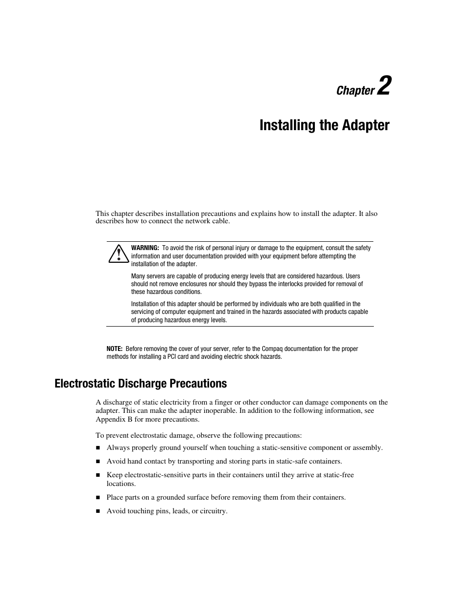 Chapter 2: installing the adapter, Electrostatic discharge precautions, Chapter 2 | Installing the adapter, Electrostatic discharge precautions -1, Chapter | HP NC7131 PCI Gigabit Server Adapter User Manual | Page 12 / 24