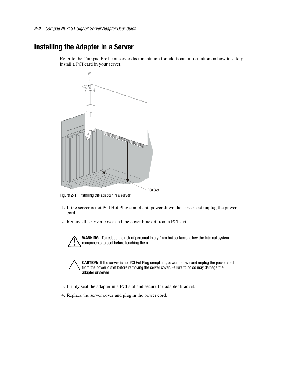 Installing the adapter in a server, Installing the adapter in a server -2 | HP NC7131 PCI Gigabit Server Adapter User Manual | Page 13 / 24