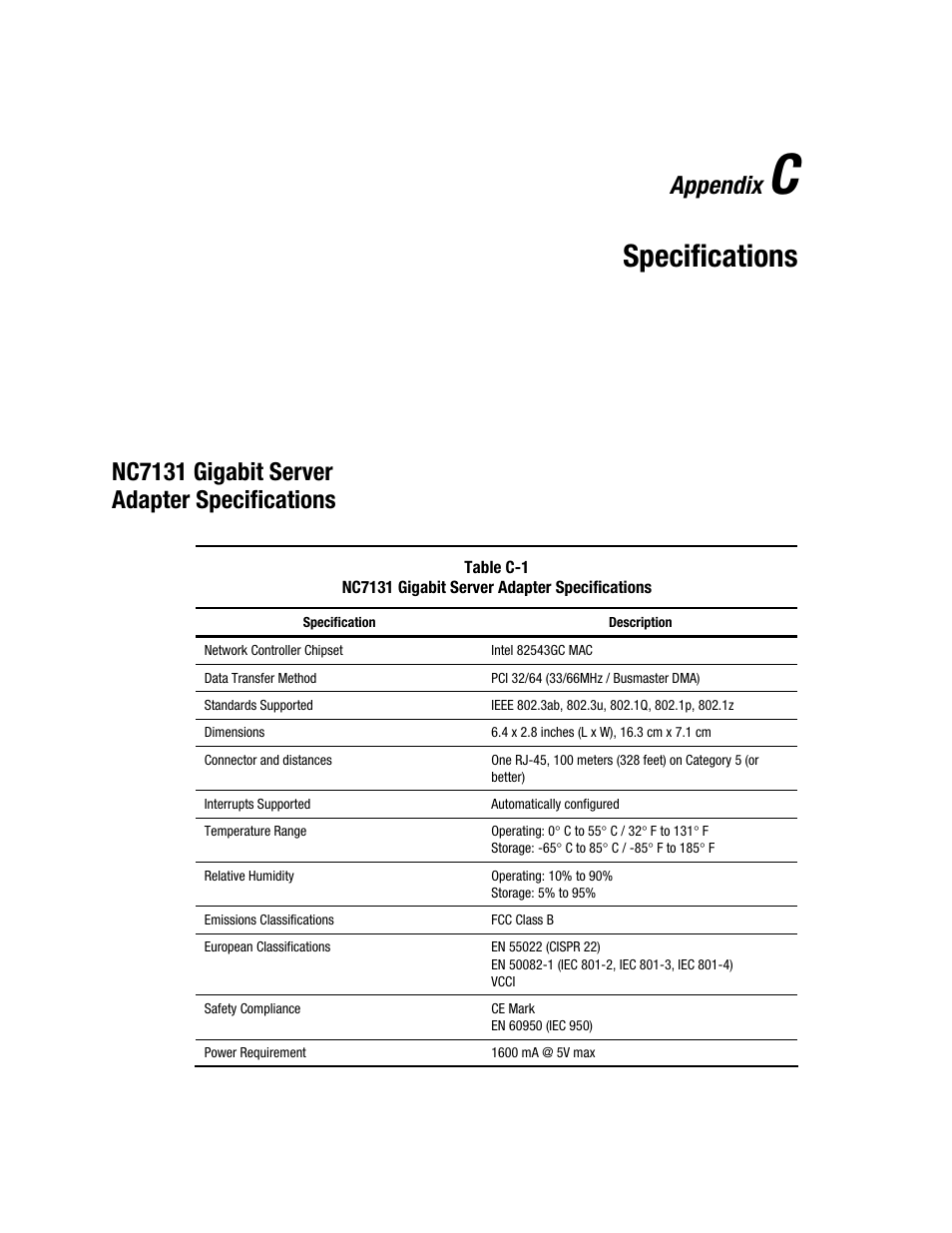 Appendix c: specifications, Nc7131 gigabit server adapter specifications, Appendix c | Specifications, Appendix | HP NC7131 PCI Gigabit Server Adapter User Manual | Page 19 / 24