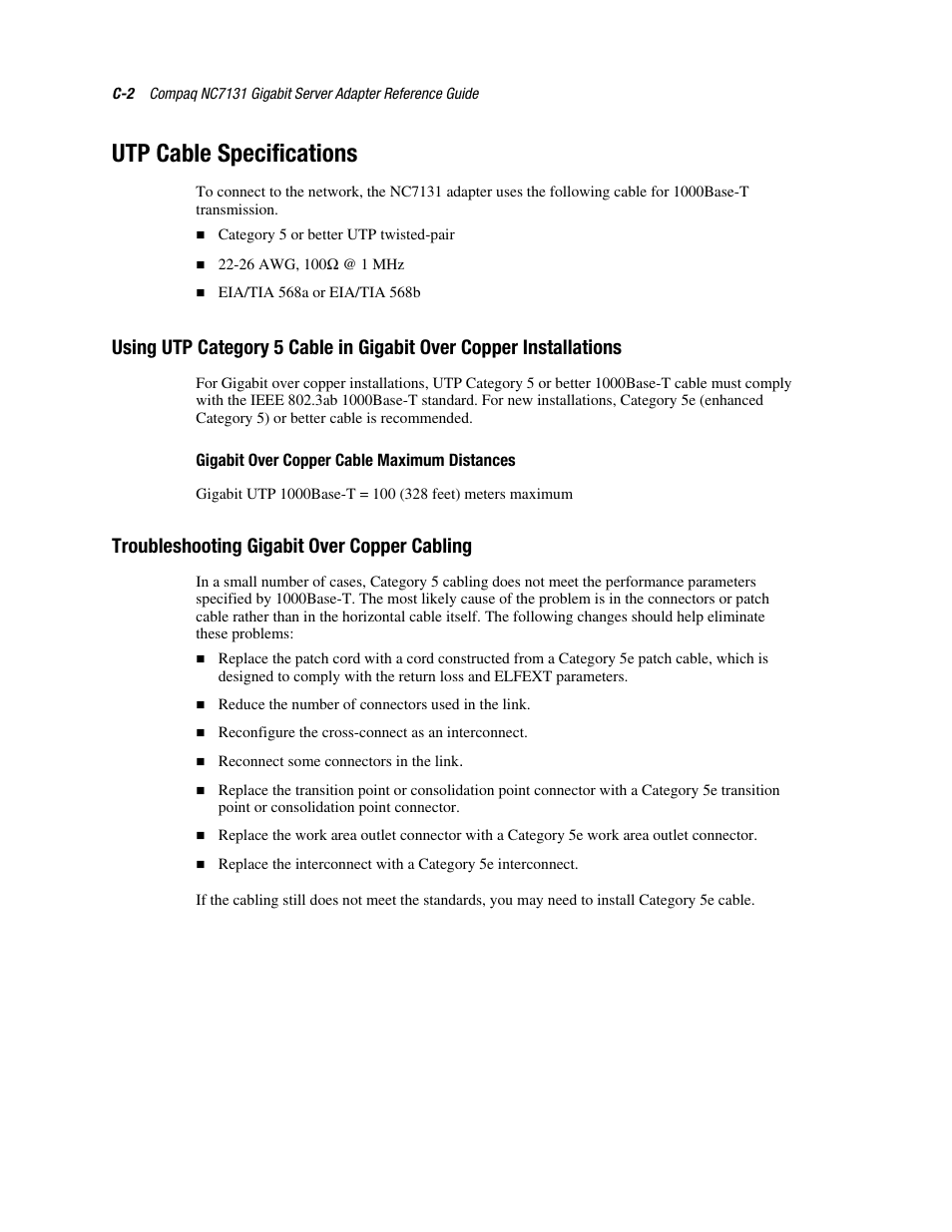 Utp cable specifications, Gigabit over copper cable maximum distances, Troubleshooting gigabit over copper cabling | HP NC7131 PCI Gigabit Server Adapter User Manual | Page 20 / 24