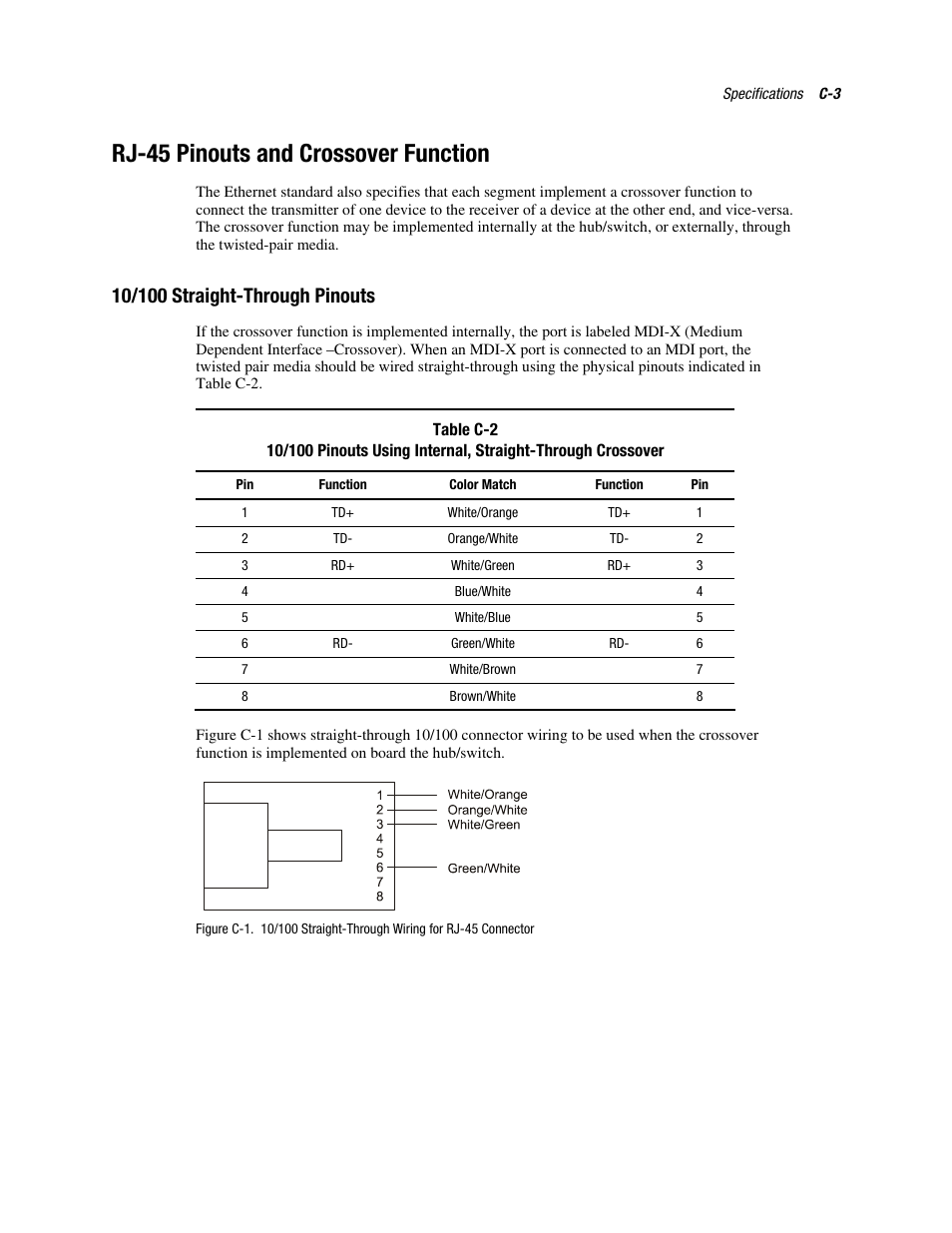 Rj-45 pinouts and crossover function, 10/100 straight-through pinouts | HP NC7131 PCI Gigabit Server Adapter User Manual | Page 21 / 24