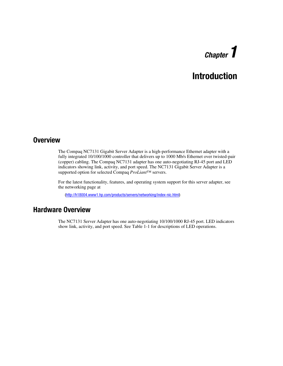 Chapter 1: introduction, Overview, Hardware overview | Chapter 1, Introduction, Overview -1, Hardware overview -1 | HP NC7131 PCI Gigabit Server Adapter User Manual | Page 9 / 24