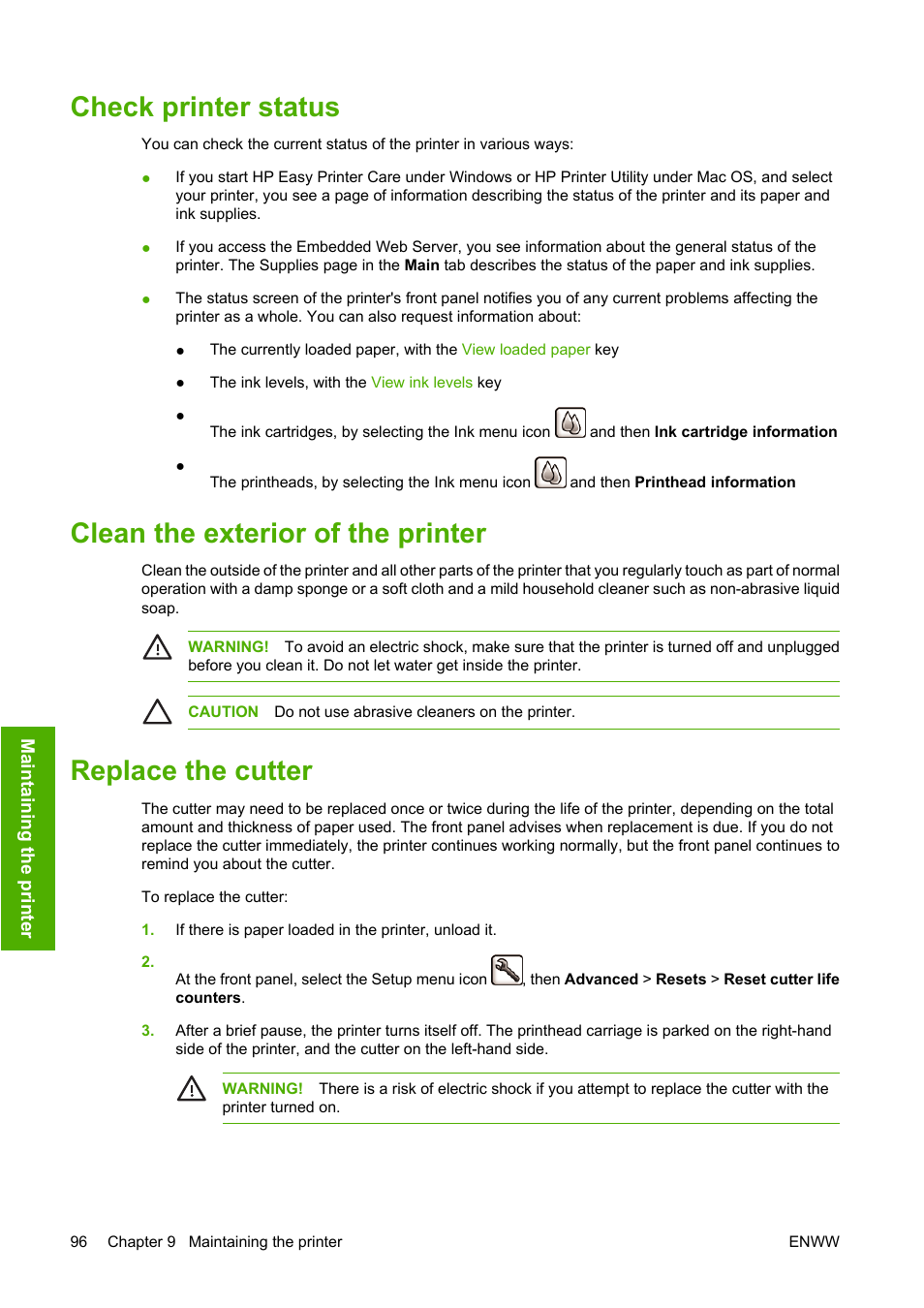 Check printer status, Clean the exterior of the printer, Replace the cutter | HP Designjet Z3100 Photo Printer series User Manual | Page 106 / 185