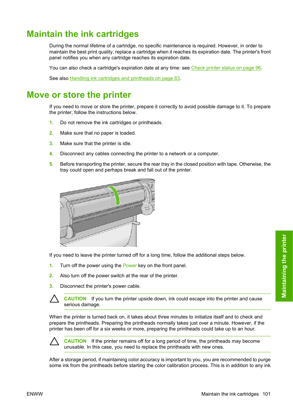 Maintain the ink cartridges, Move or store the printer | HP Designjet Z3100 Photo Printer series User Manual | Page 111 / 185