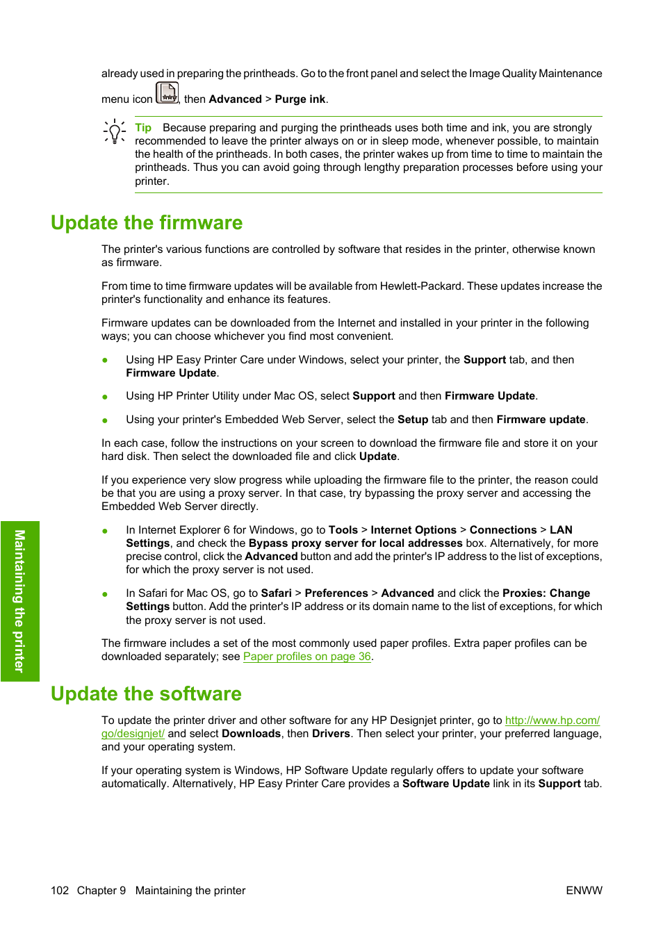 Update the firmware, Update the software, Update the firmware update the software | Update the | HP Designjet Z3100 Photo Printer series User Manual | Page 112 / 185