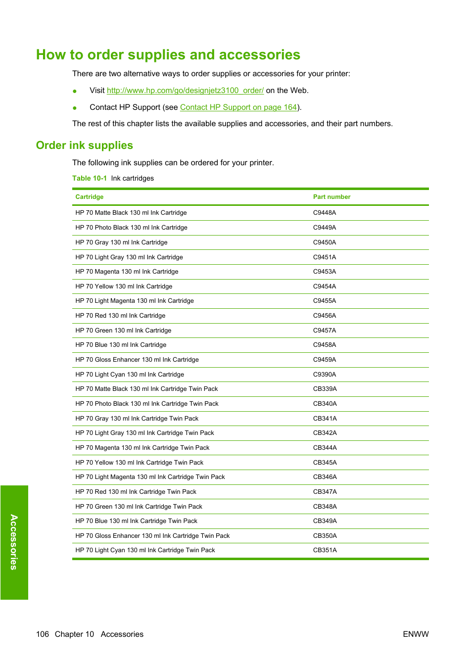 How to order supplies and accessories, Order ink supplies, Accessories | HP Designjet Z3100 Photo Printer series User Manual | Page 116 / 185