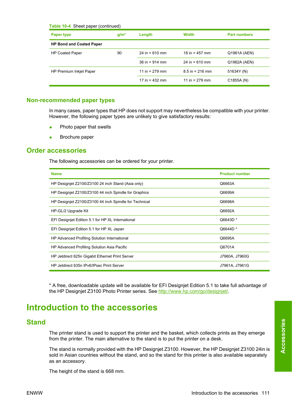 Non-recommended paper types, Order accessories, Introduction to the accessories | Stand, Accessories | HP Designjet Z3100 Photo Printer series User Manual | Page 121 / 185