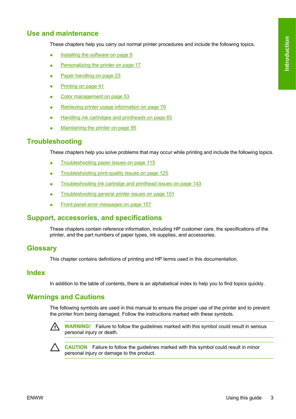 Use and maintenance, Troubleshooting, Support, accessories, and specifications | Glossary, Index, Warnings and cautions | HP Designjet Z3100 Photo Printer series User Manual | Page 13 / 185