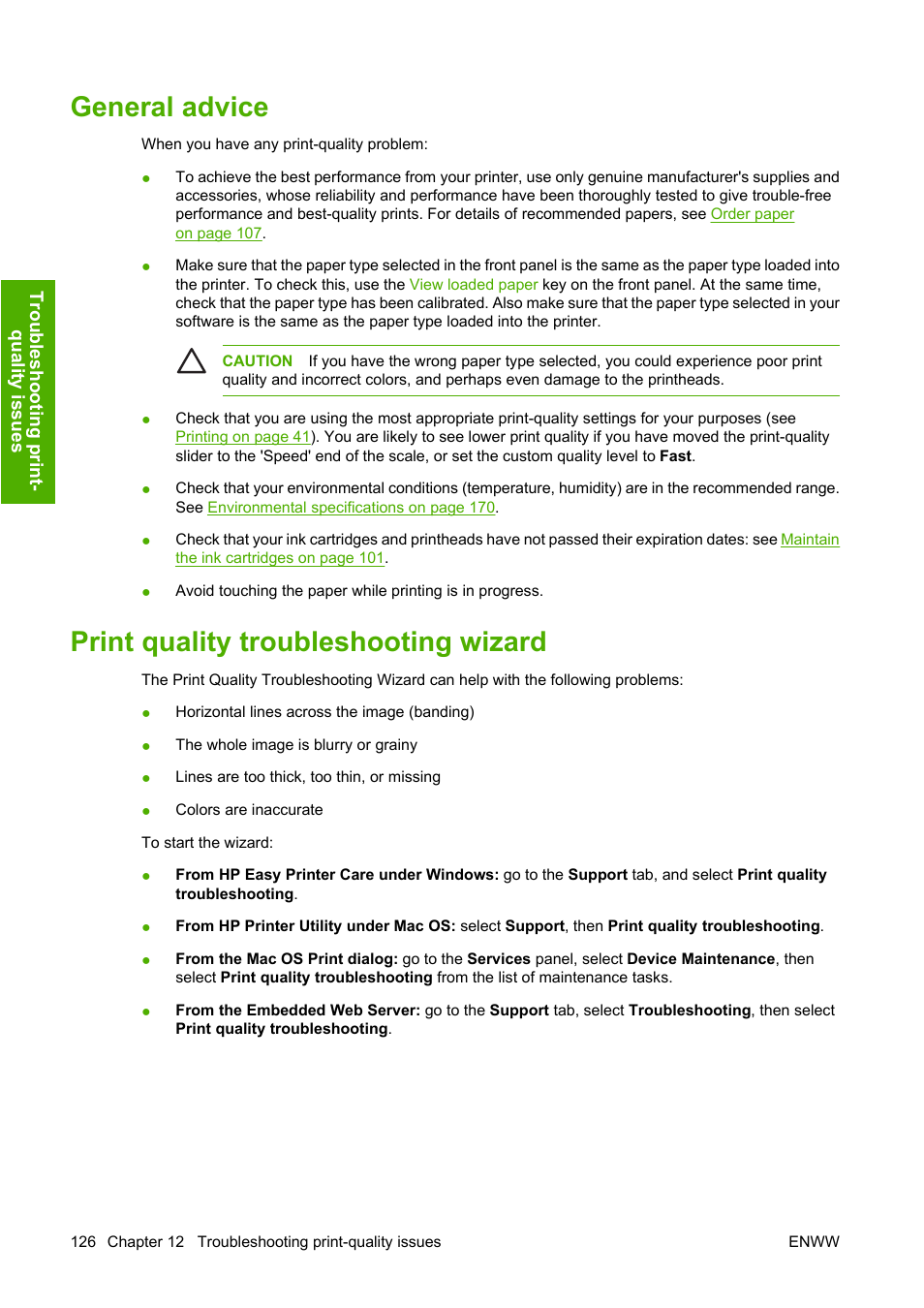 General advice, Print quality troubleshooting wizard | HP Designjet Z3100 Photo Printer series User Manual | Page 136 / 185