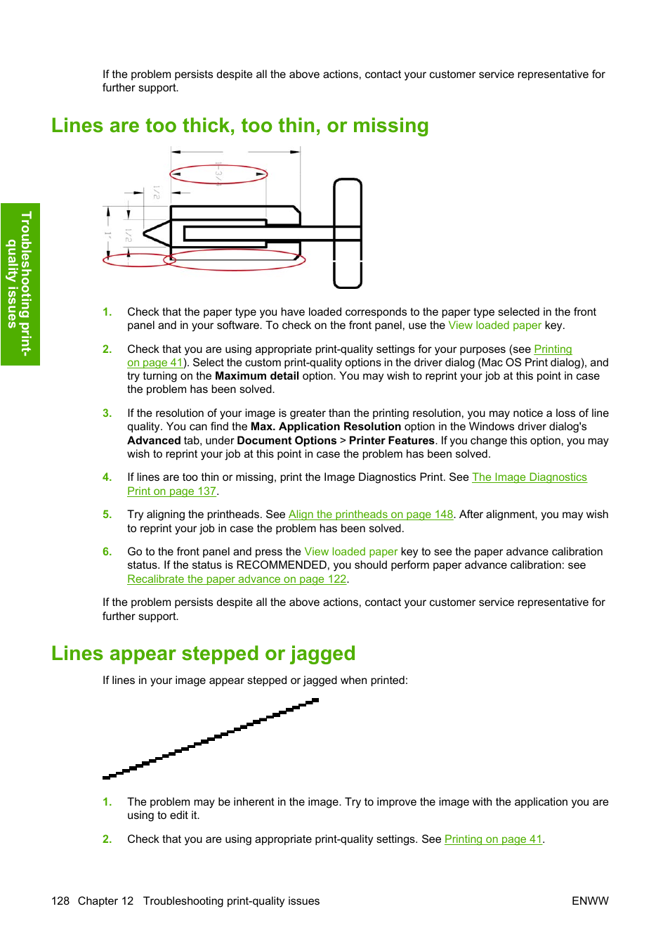 Lines are too thick, too thin, or missing, Lines appear stepped or jagged | HP Designjet Z3100 Photo Printer series User Manual | Page 138 / 185