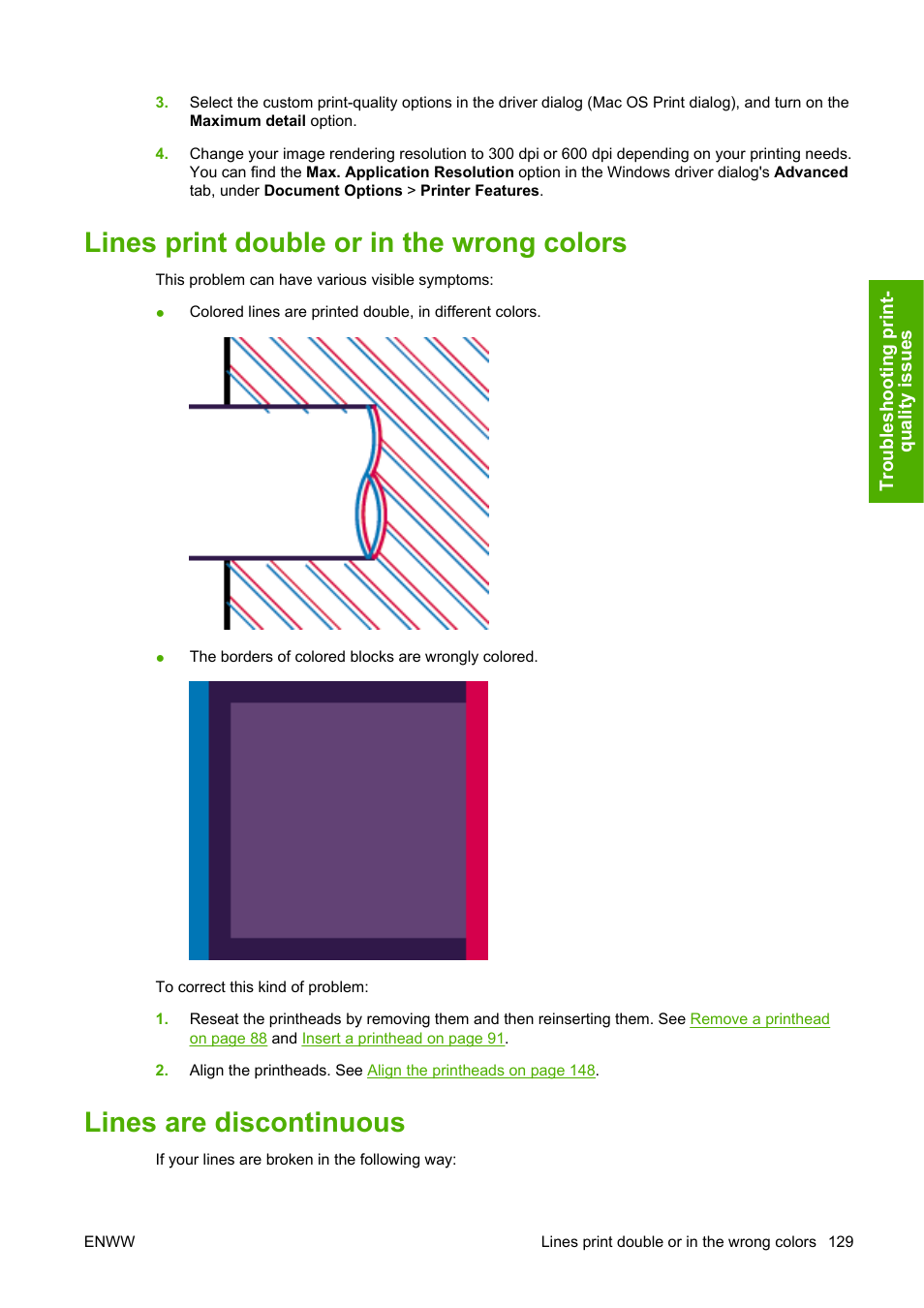 Lines print double or in the wrong colors, Lines are discontinuous | HP Designjet Z3100 Photo Printer series User Manual | Page 139 / 185