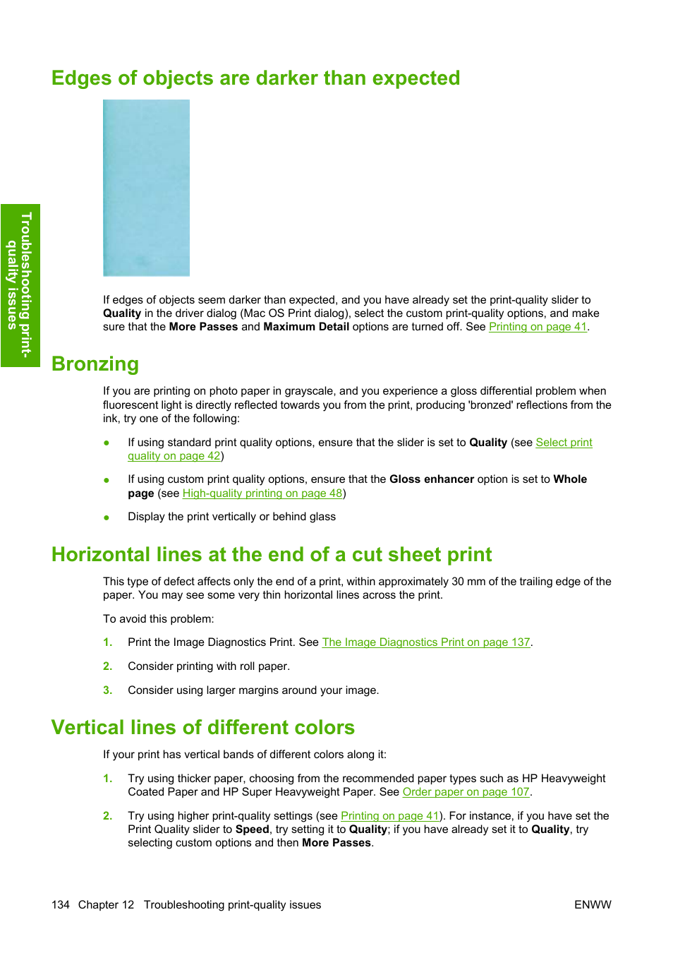 Edges of objects are darker than expected, Bronzing, Horizontal lines at the end of a cut sheet print | Vertical lines of different colors | HP Designjet Z3100 Photo Printer series User Manual | Page 144 / 185