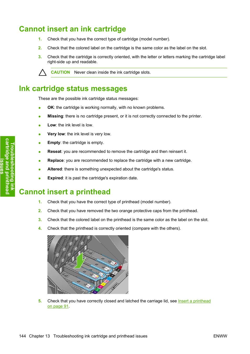 Cannot insert an ink cartridge, Ink cartridge status messages, Cannot insert a printhead | Ges, see | HP Designjet Z3100 Photo Printer series User Manual | Page 154 / 185