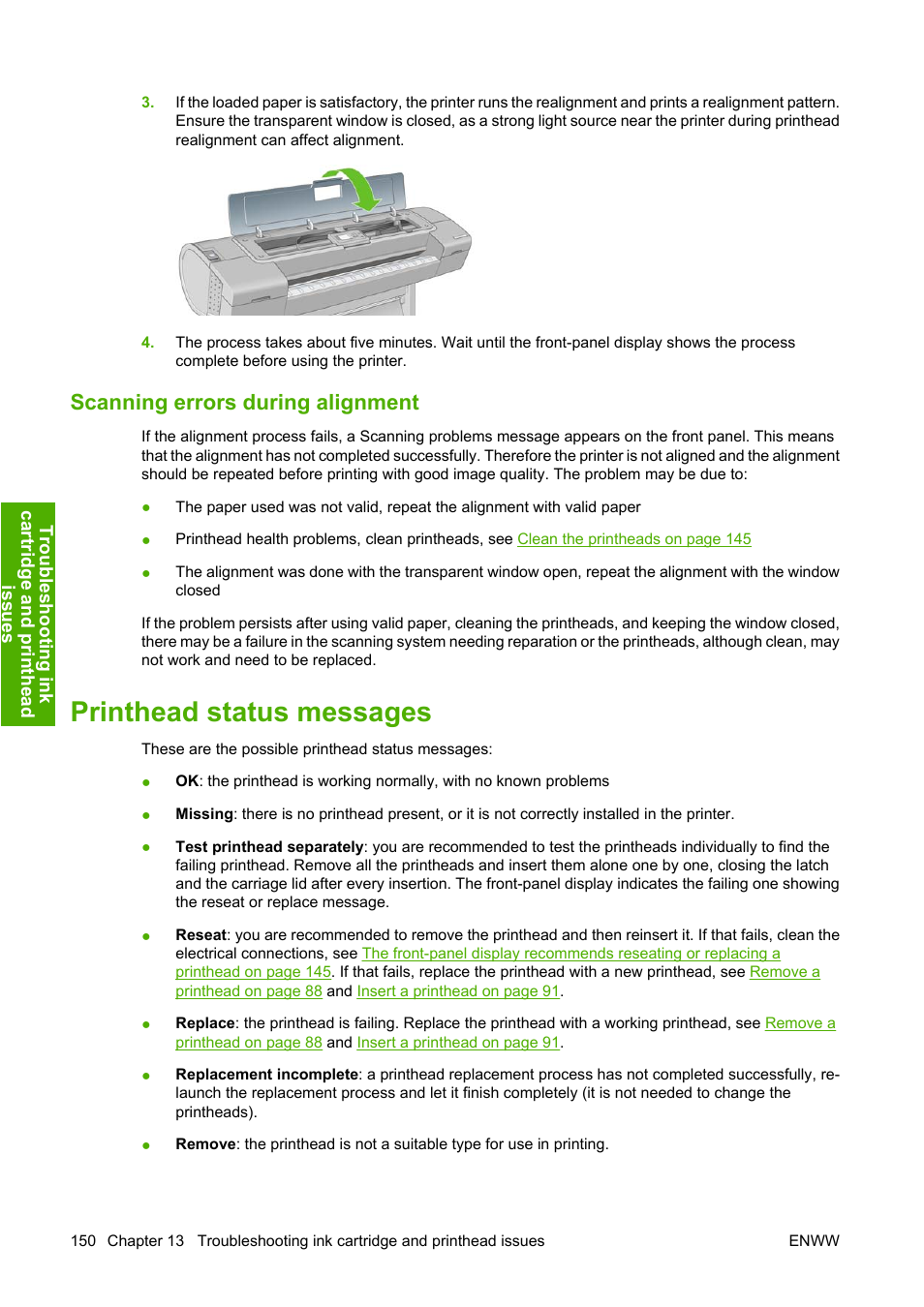 Scanning errors during alignment, Printhead status messages | HP Designjet Z3100 Photo Printer series User Manual | Page 160 / 185