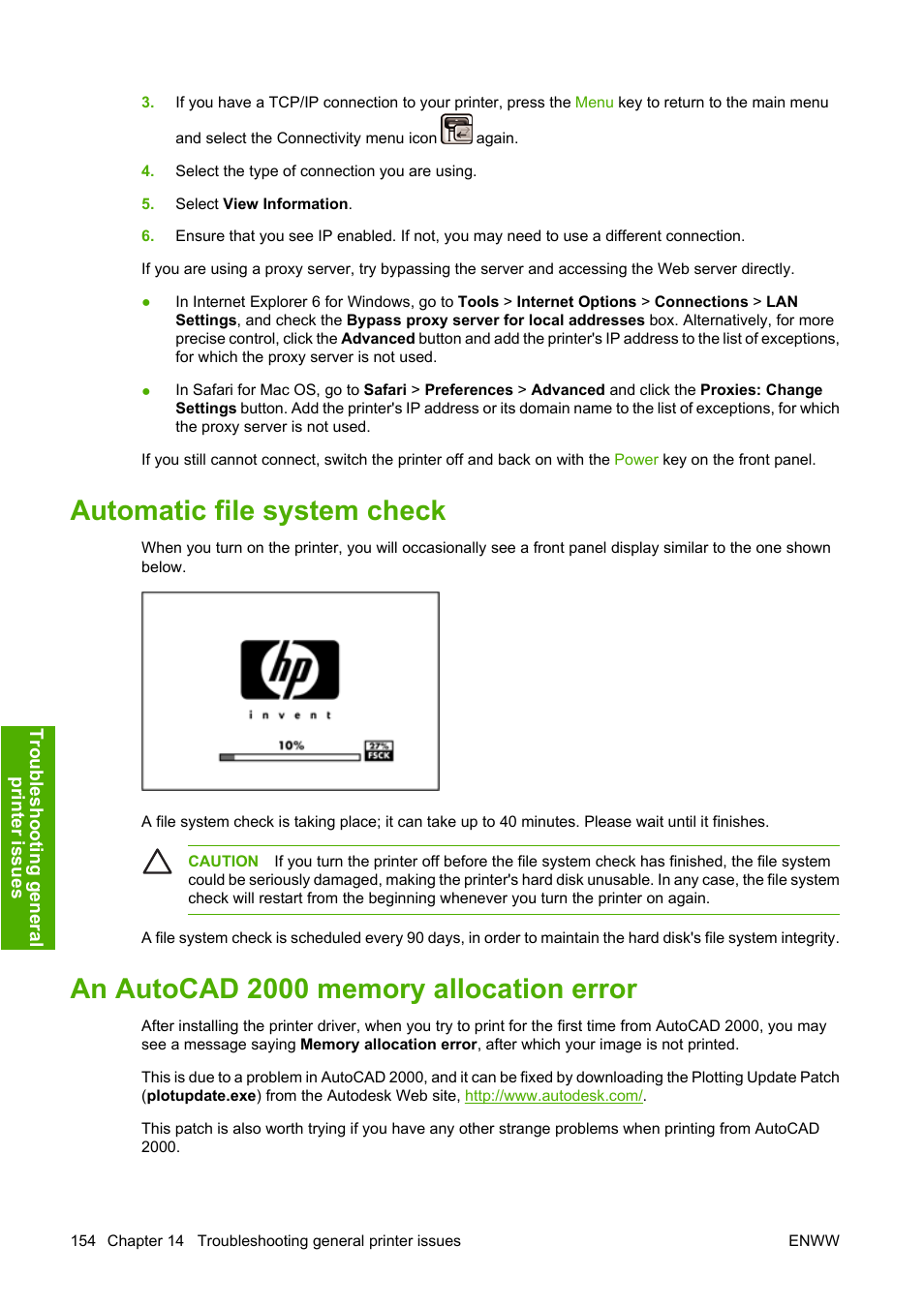Automatic file system check, An autocad 2000 memory allocation error | HP Designjet Z3100 Photo Printer series User Manual | Page 164 / 185