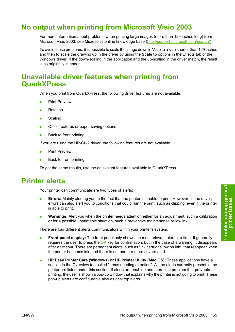 No output when printing from microsoft visio 2003, Printer alerts | HP Designjet Z3100 Photo Printer series User Manual | Page 165 / 185