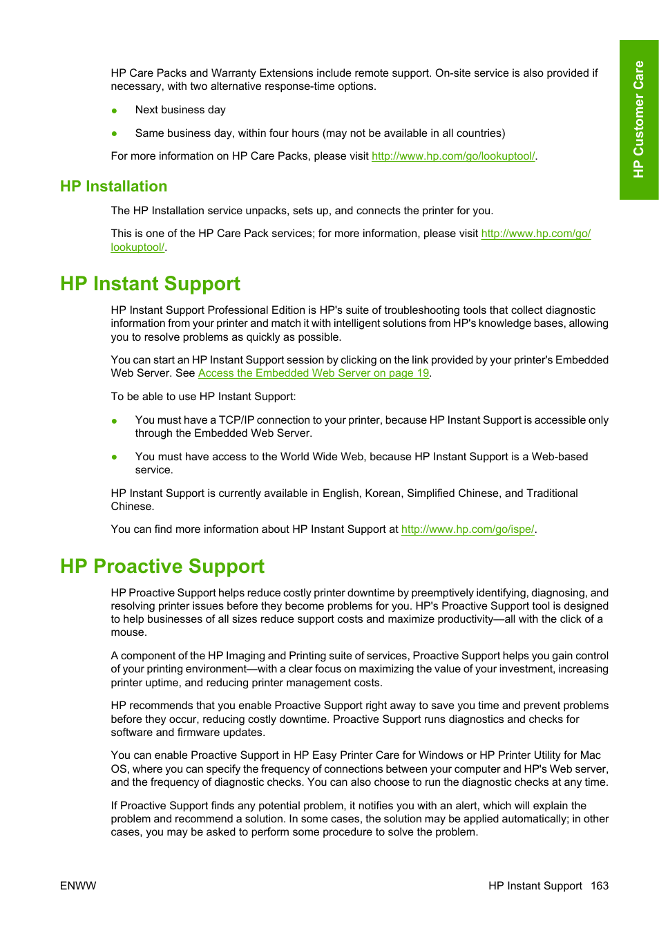 Hp installation, Hp instant support, Hp proactive support | Hp instant support hp proactive support | HP Designjet Z3100 Photo Printer series User Manual | Page 173 / 185