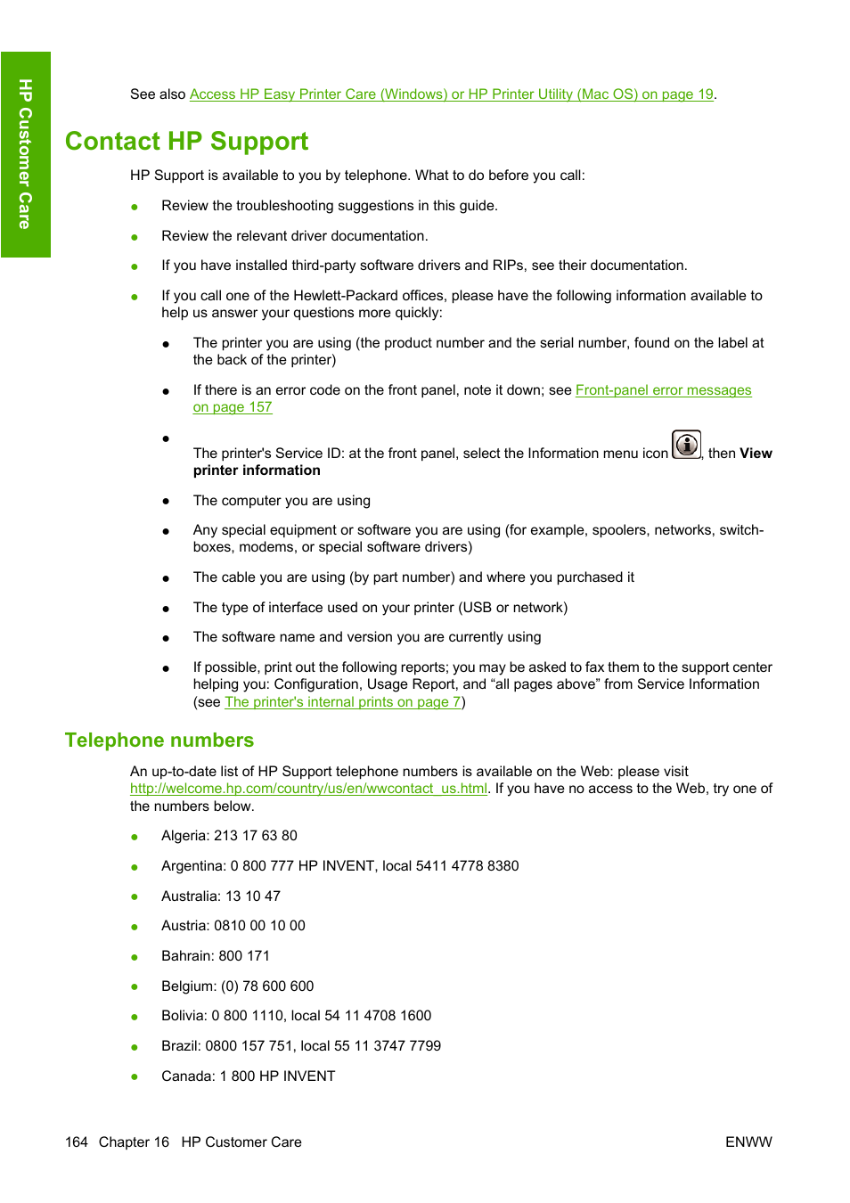 Contact hp support, Telephone numbers | HP Designjet Z3100 Photo Printer series User Manual | Page 174 / 185