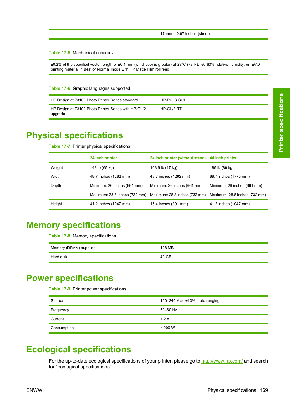 Physical specifications, Memory specifications, Power specifications | Ecological specifications, Prin ter specifications | HP Designjet Z3100 Photo Printer series User Manual | Page 179 / 185