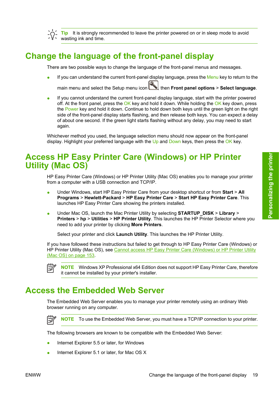 Change the language of the front-panel display, Access the embedded web server, Mac os), see | Access hp easy printer, Inter utility (mac os), see, Access | HP Designjet Z3100 Photo Printer series User Manual | Page 29 / 185