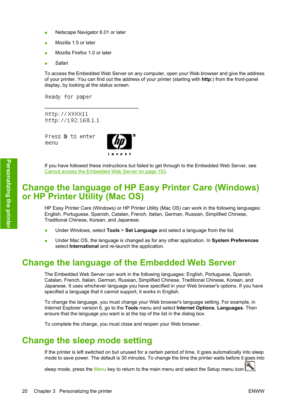 Change the language of the embedded web server, Change the sleep mode setting | HP Designjet Z3100 Photo Printer series User Manual | Page 30 / 185