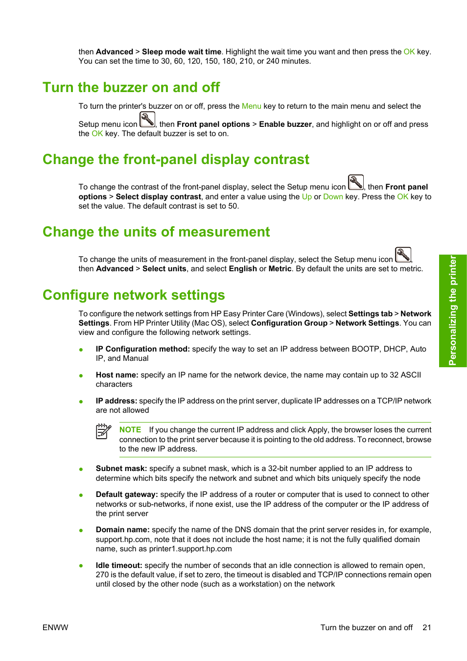 Turn the buzzer on and off, Change the front-panel display contrast, Change the units of measurement | Configure network settings | HP Designjet Z3100 Photo Printer series User Manual | Page 31 / 185