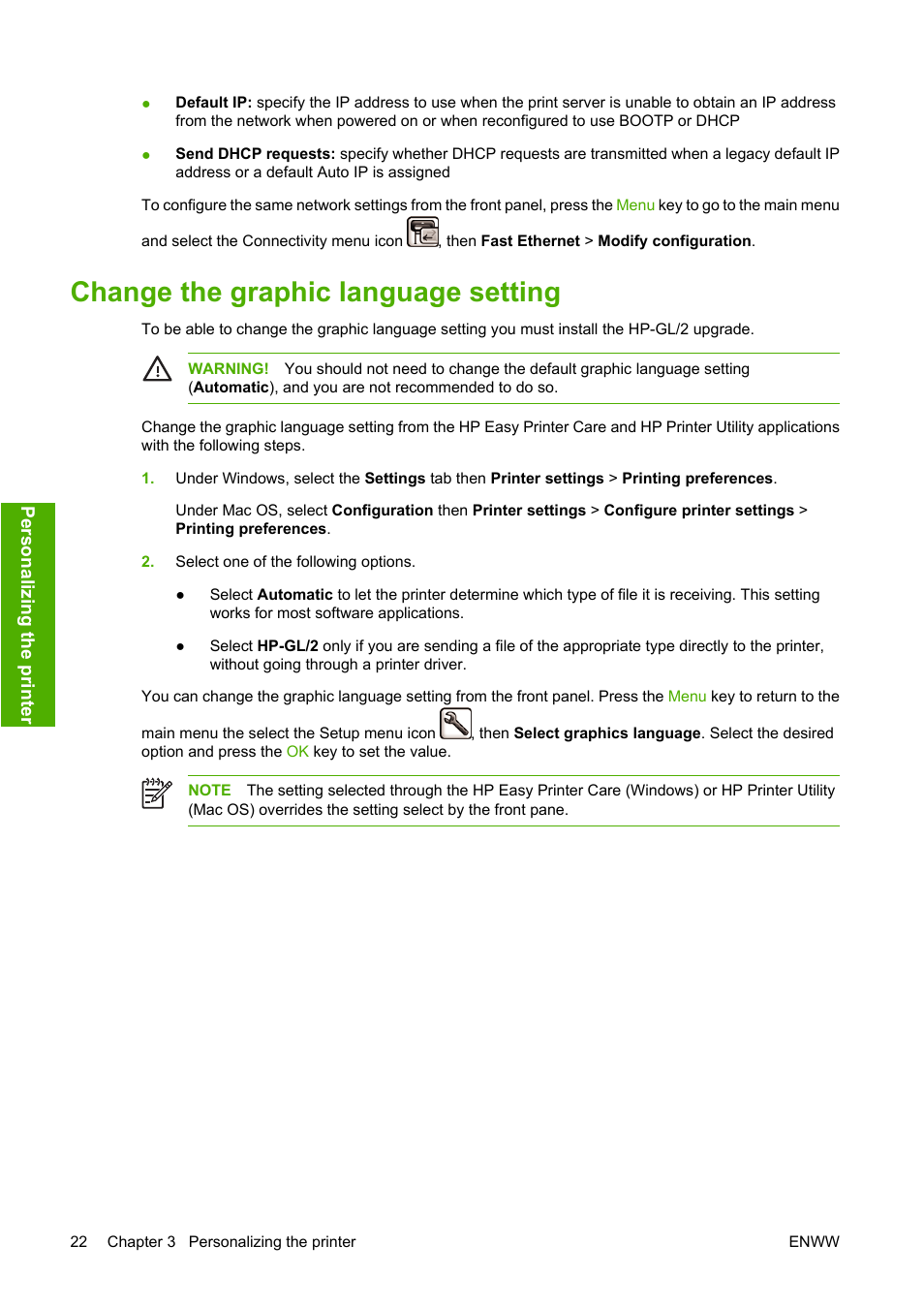 Change the graphic language setting | HP Designjet Z3100 Photo Printer series User Manual | Page 32 / 185