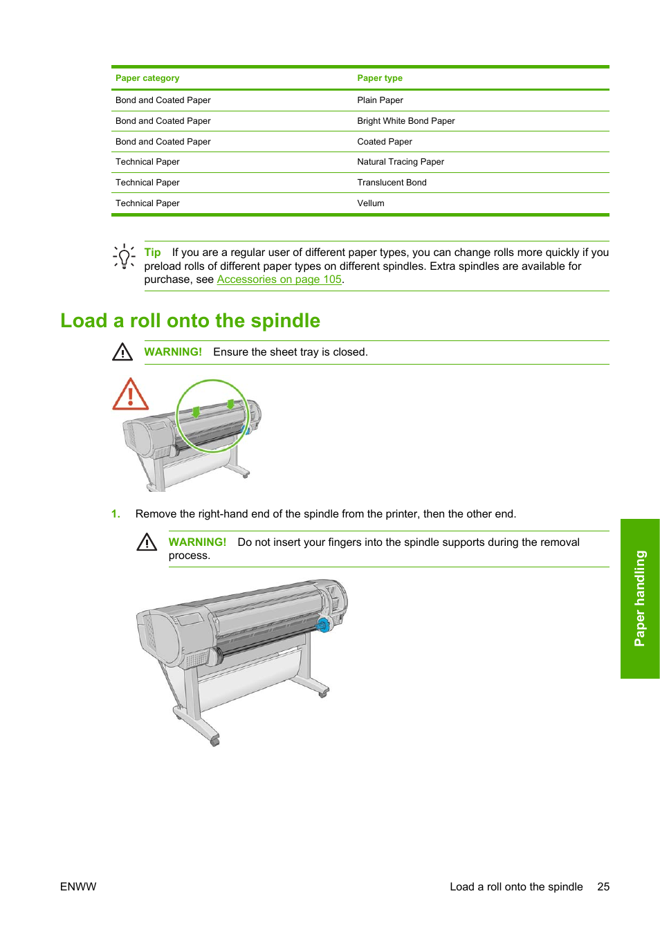 Load a roll onto the spindle, Paper handling | HP Designjet Z3100 Photo Printer series User Manual | Page 35 / 185